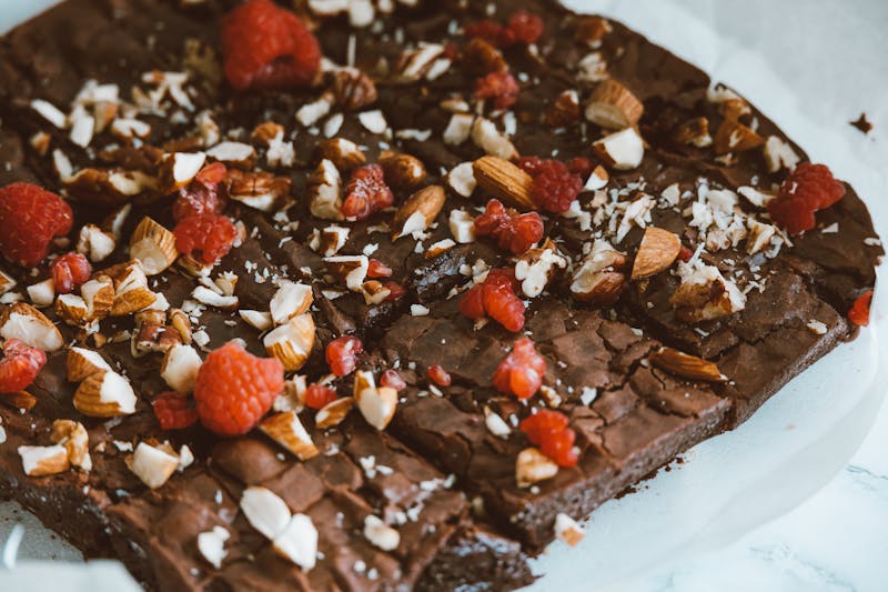 Rich chocolate brownie slice with fudge topping